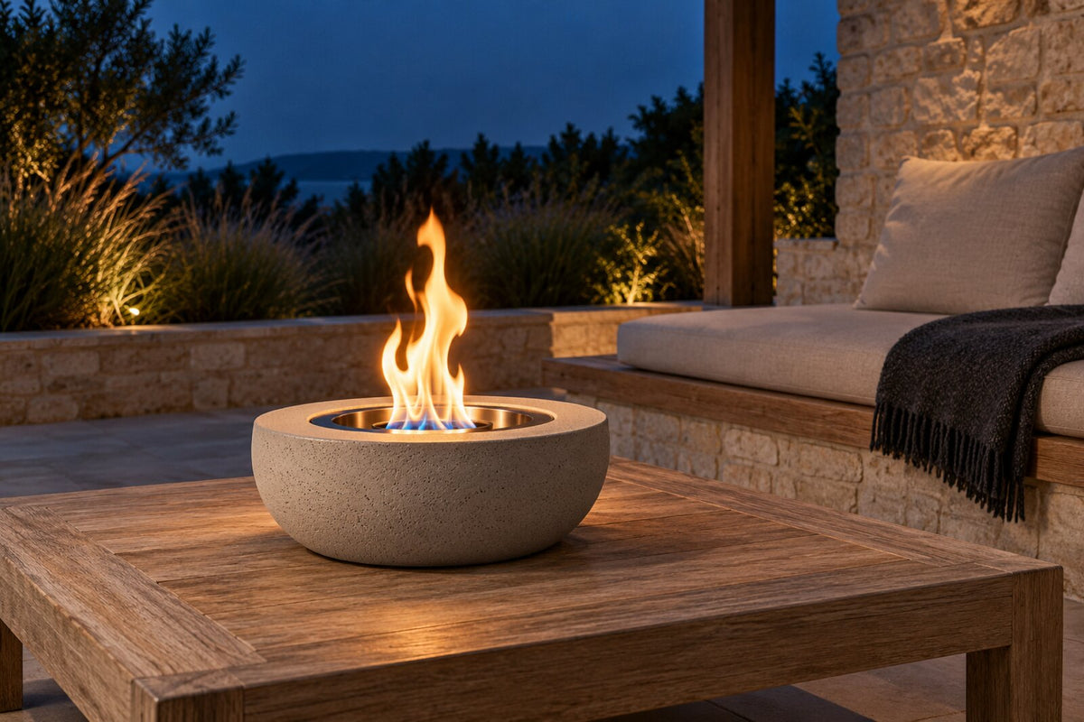 Concrete tabletop fire bowl with a clean bioethanol flame on a teak table on a covered terrace at dusk