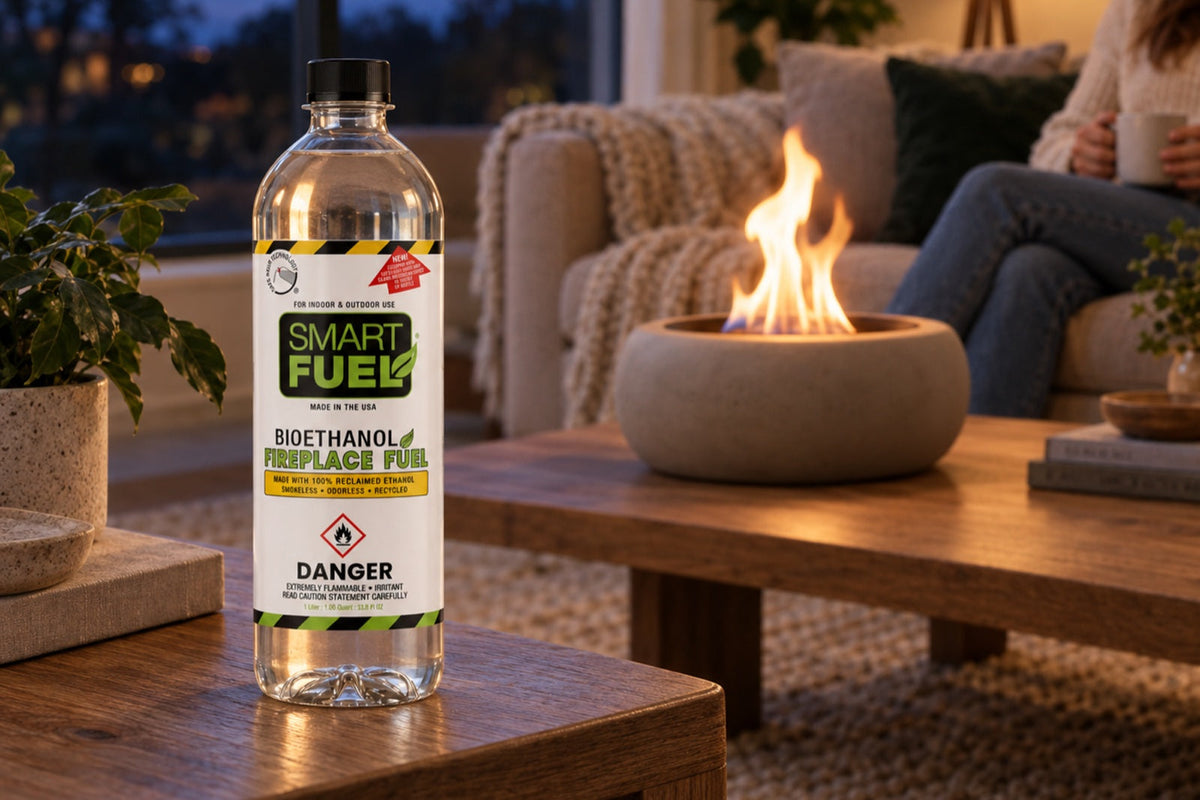 SmartFuel bioethanol fireplace fuel bottle on a coffee table beside a lit tabletop fire bowl
