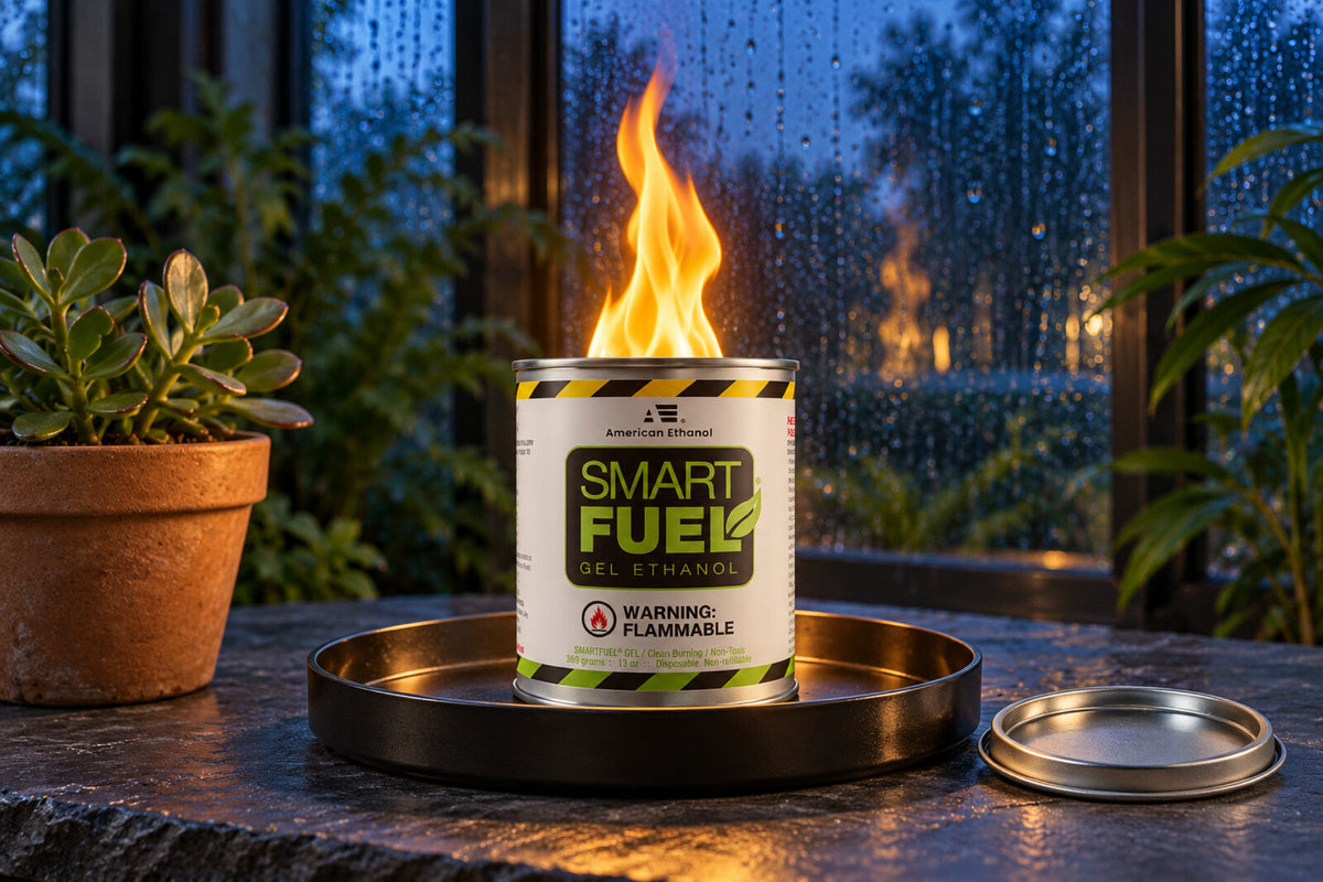 SmartFuel Ethanol Gel Fuel can burning with a clean flame in a steel tray on a slate slab