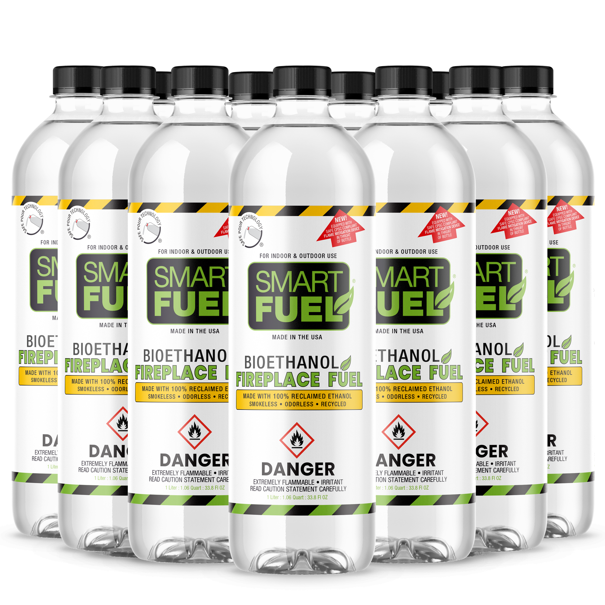 Multiple bottles of Smart Fuel ethanol fireplace fuel on a white background