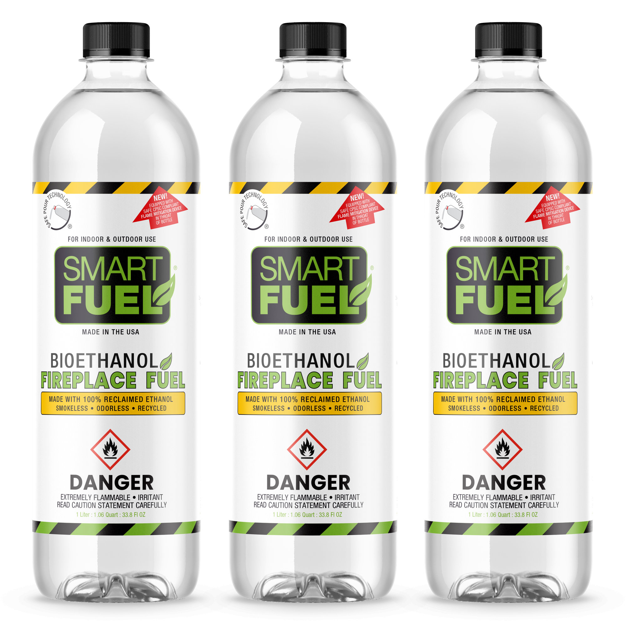 Three bottles of Smart Fuel bioethanol fireplace fuel on a white background