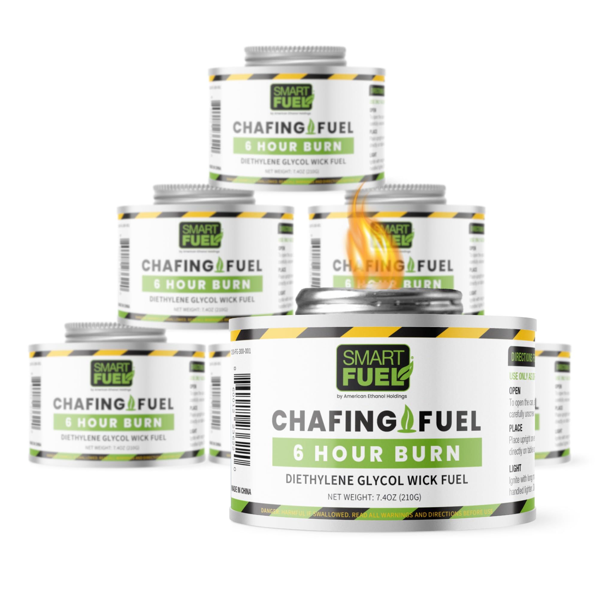 A collection of 6-hour chafing fuel cans from Smart Fuel, with five cans visible in the image. They are labeled for indoor use with a 6-hour burn time.