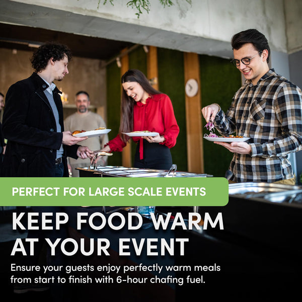 Guests serving themselves at a buffet with chafing dishes using 6-hour Smart Fuel chafing fuel. Highlights keeping food warm at large-scale events, ensuring perfectly warm meals from start to finish. People smiling and serving food in a catering setting.