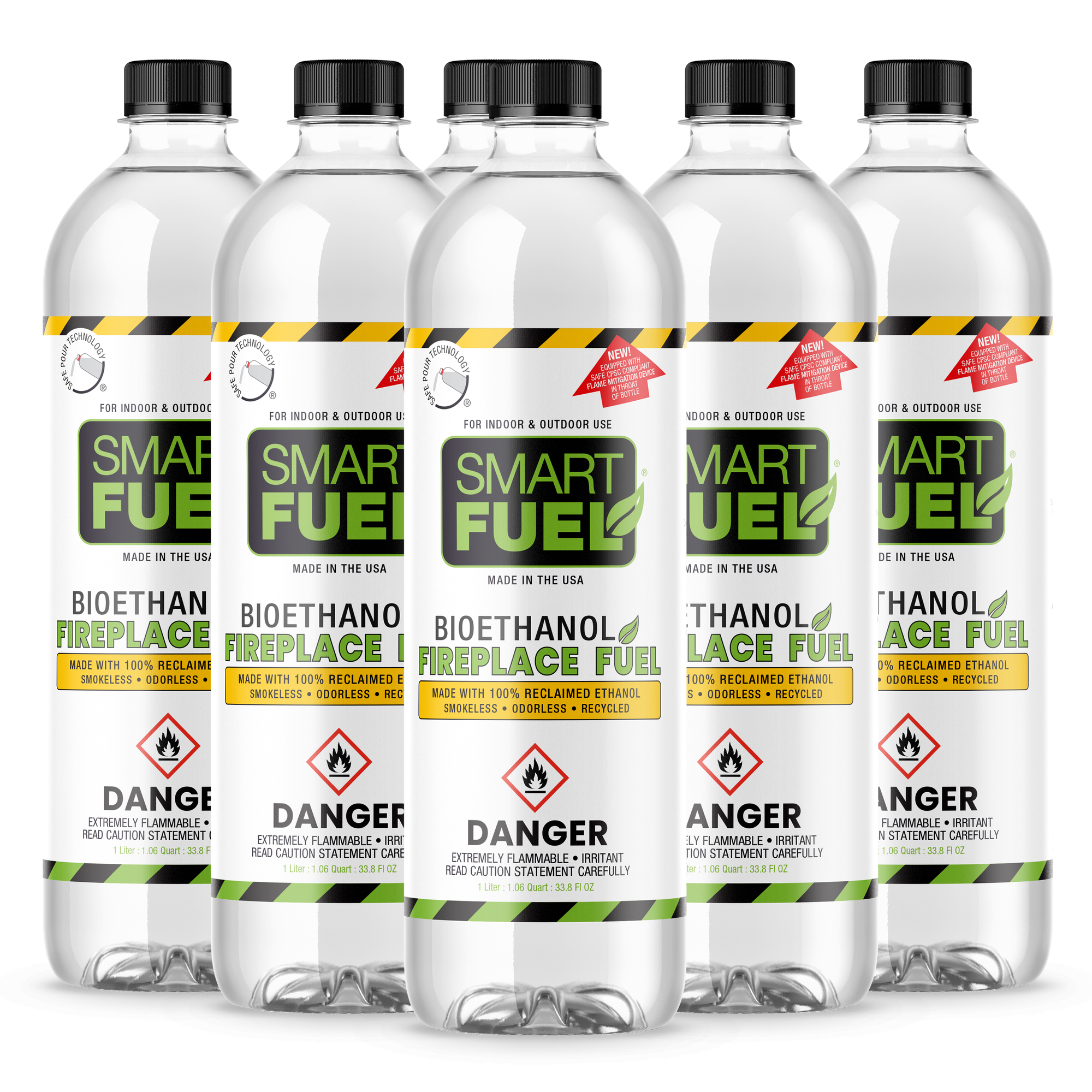 Six bottles of Smart Fuel bioethanol fireplace fuel on a white background