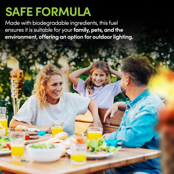 Family enjoying a meal outdoors with text about a safe fuel formula.