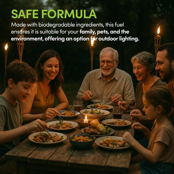 Family enjoying a meal outdoors with biodegradable fuel mentioned.
