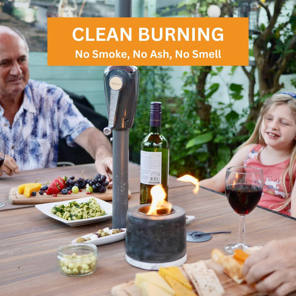 Family dinner with clean burning text