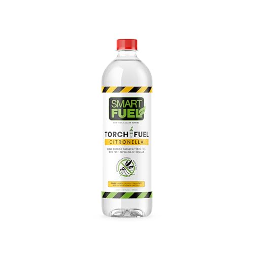 A bottle of Smart Fuel torch fuel with a citronella scent, featuring a label with yellow and black design elements and a mosquito illustration.