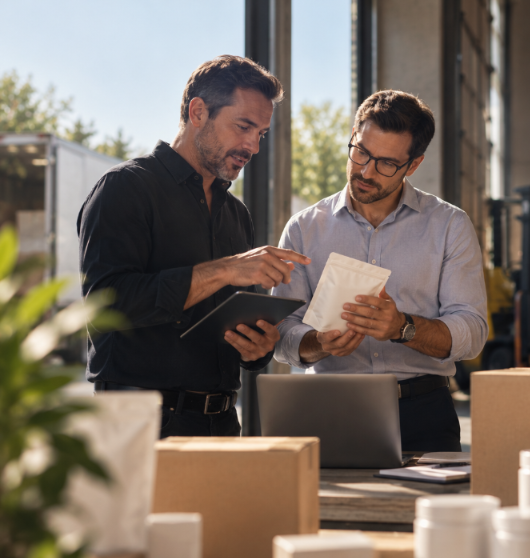 Two brand partners reviewing packaging plans beside a lit outdoor fire feature