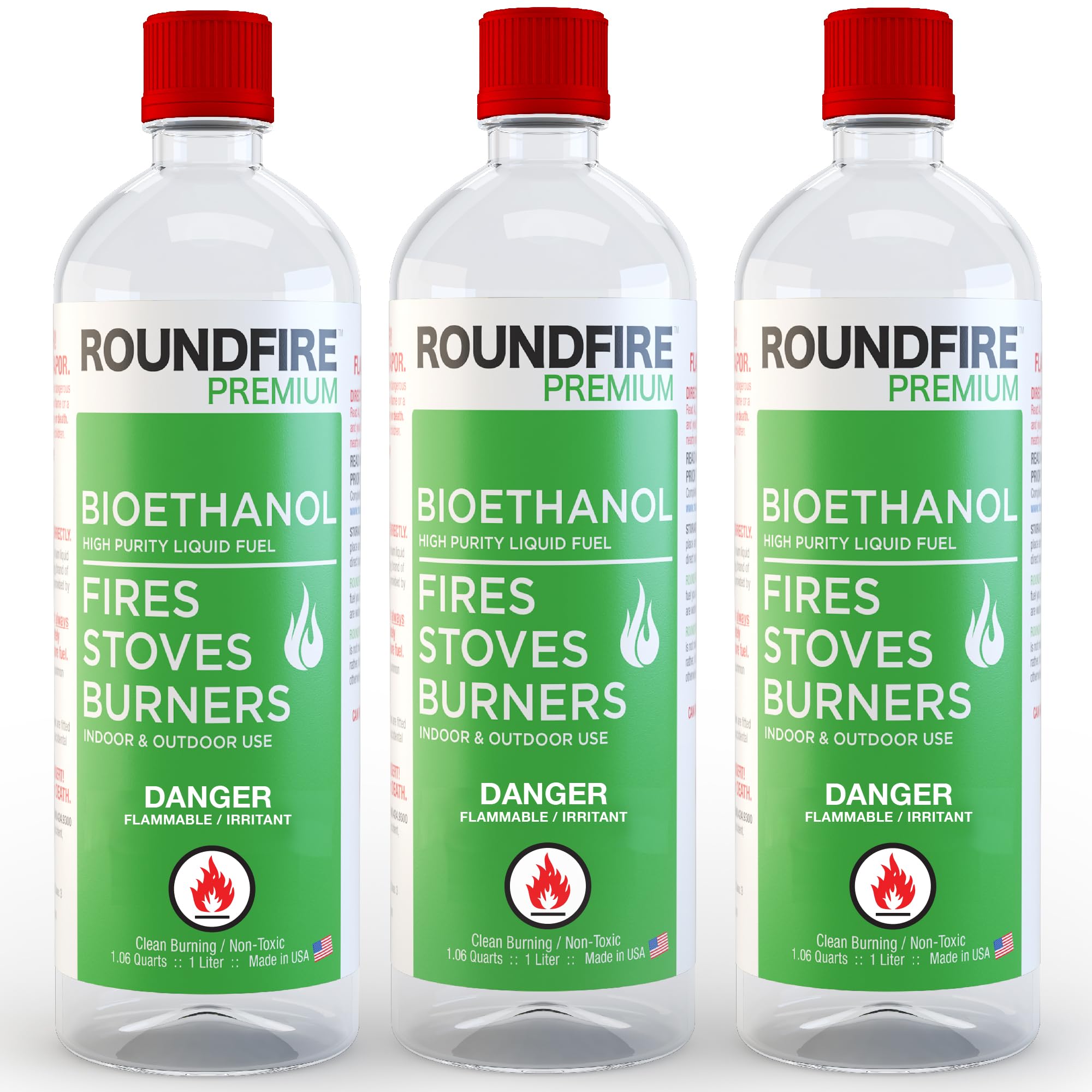 Three bottles of ROUNDFIRE Premium Bioethanol fuel for fires, stoves, and burners with red caps and green labels.
