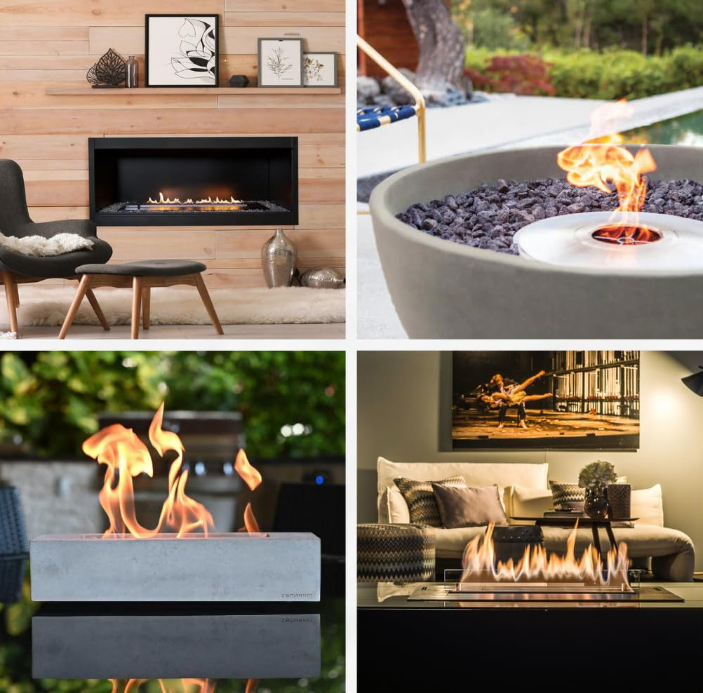 Collage of various fire pits and indoor fireplaces with flames and modern decor.