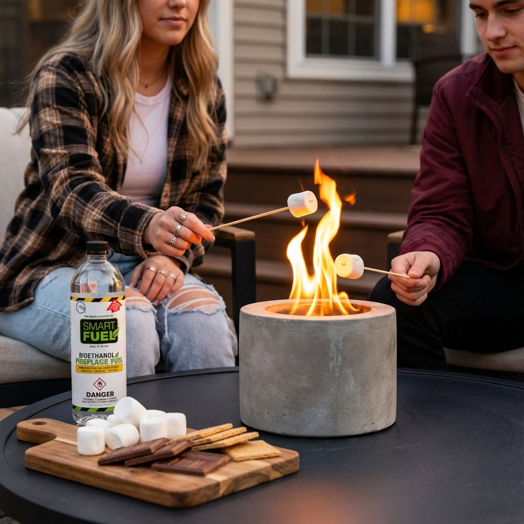 Couple having marshmallows, smart fuel bottle on the table