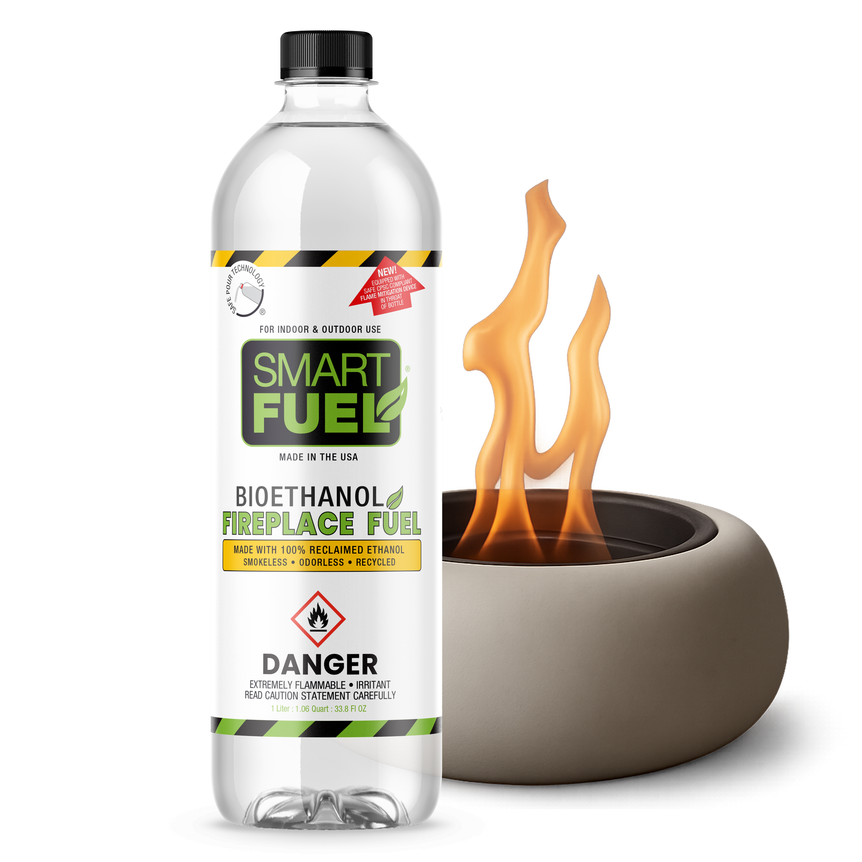 Smart Fuel bioethanol fireplace fuel bottle with a small fire pit on a white background