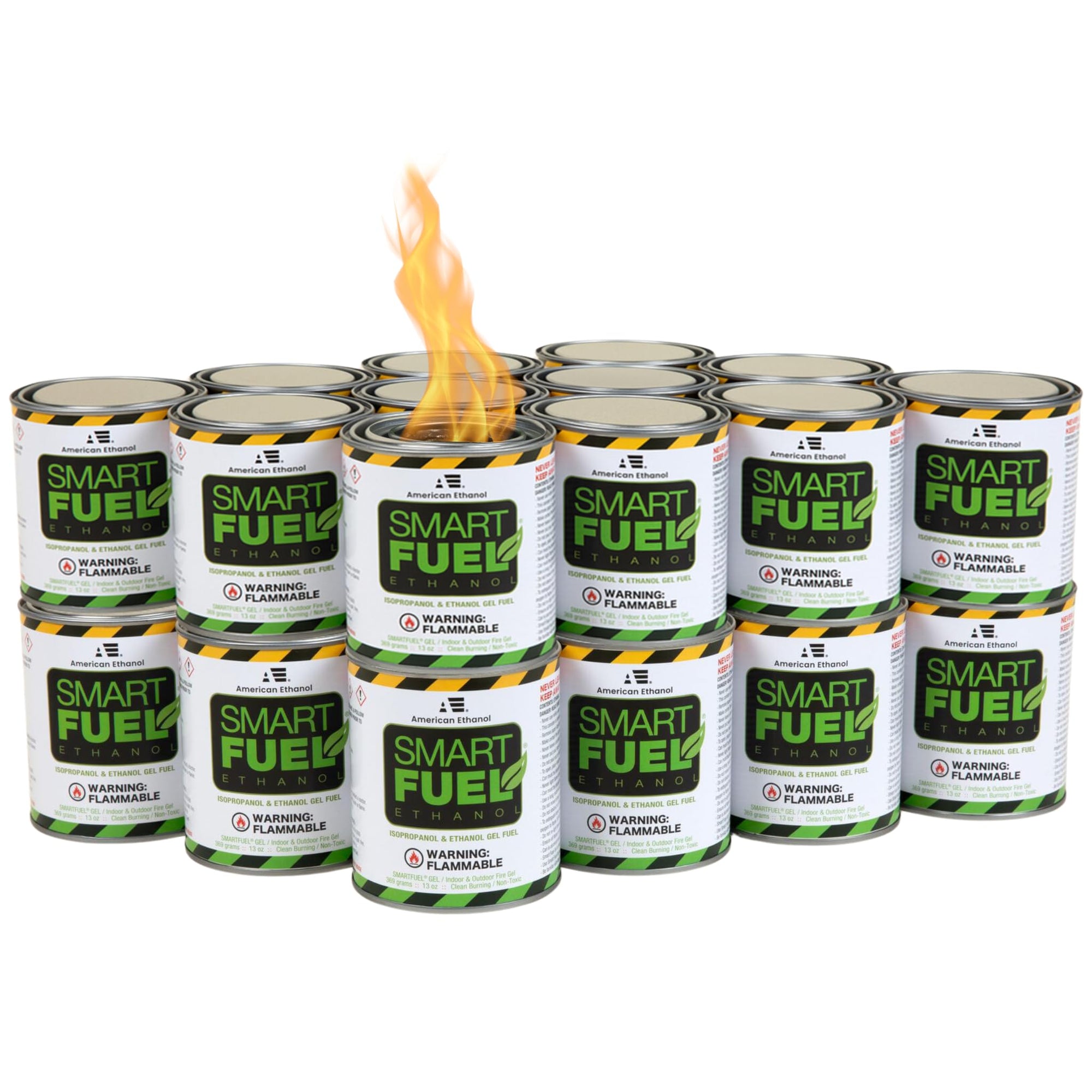 Cans of SMART FUEL with a lit flame on top, indicating the product is flammable.