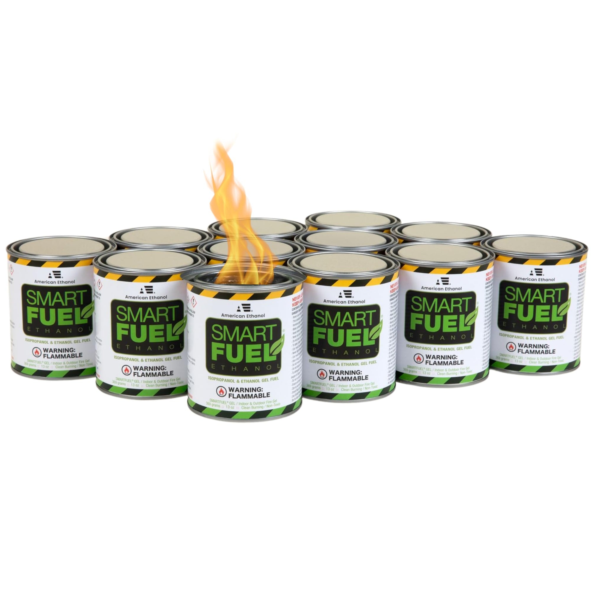 Cans of SMART FUEL Ethanol Gel Fuel with a lit flame on top, indicating the product is flammable.