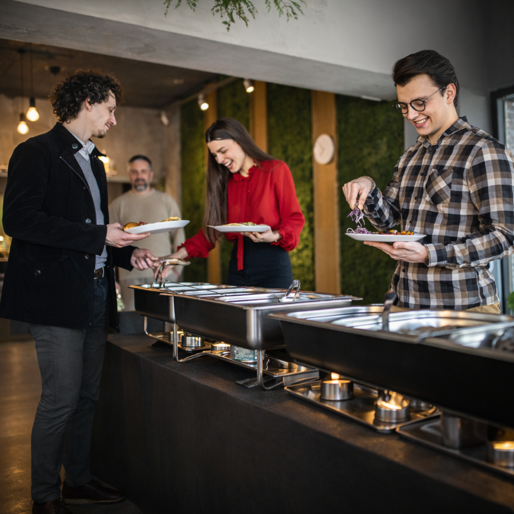 People serving themselves food from a buffet counter in a modern indoor setting.