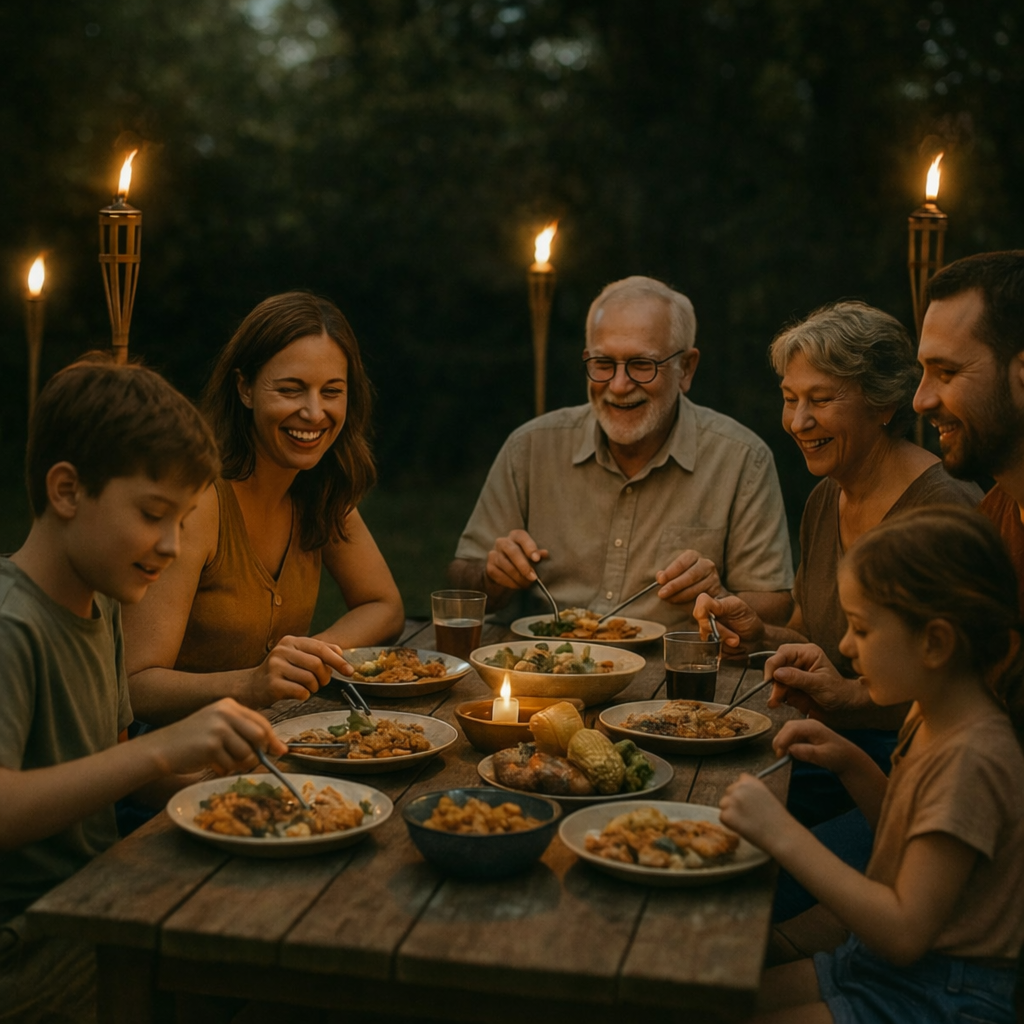 Family enjoying a meal outdoors with torches in the background